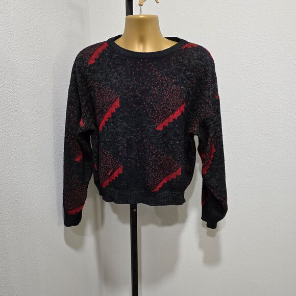 Vtg 80s Cuccini Italian Red Black Mens Sweater Sz XL Grandpa Geometric Warm Cozy - Picture 1 of 8